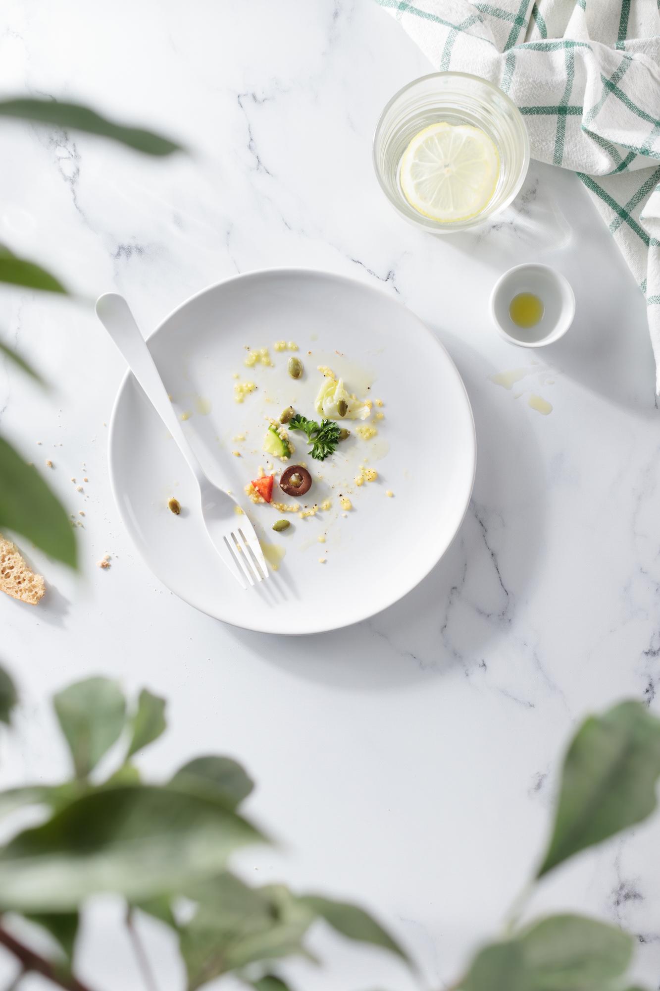 Large plated quick dinner on white table